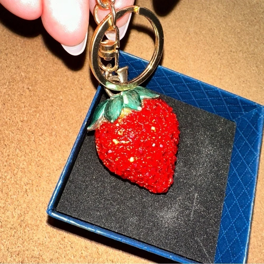Purse strap accessories strawberry bedazzled bag charm keychain with gold clip